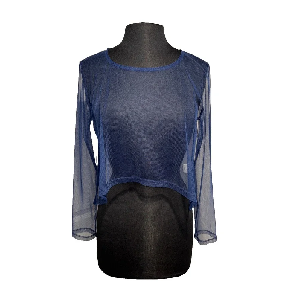 Blue Sheer Mesh Long Sleeve Top Blouse By JJ Size Small Blue‎ High Low Layer